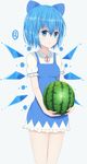  1girl absurdres blue_background blue_dress blue_eyes blue_hair cirno cowboy_shot dress food fruit hair_ribbon highres ice ice_wings looking_at_viewer nestea puffy_sleeves ribbon short_hair short_sleeves smile solo touhou watermelon wings 