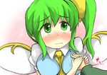  ascot asymmetrical_hair between_breasts blush bow breasts daiyousei fairy_wings gaoo_(frpjx283) green_eyes green_hair hair_bow holding_hand large_breasts side_ponytail solo touhou wings 