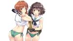  akiyama_yukari bikini brown brown_eyes girls_und_panzer gloves nagayori nishizumi_miho photoshop possible_duplicate seifuku short_hair swimsuit tagme waifu2x white 