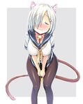  animal_ears bell bent_over blush breasts brown_legwear bulbonne cat_ears cat_tail choker cleavage closed_eyes closed_mouth collarbone eyebrows eyebrows_visible_through_hair full-face_blush grey_background grey_skirt hair_ornament hair_over_one_eye hairclip hamakaze_(kantai_collection) hanging_breasts head_tilt highres jingle_bell kantai_collection kemonomimi_mode large_breasts pantyhose pee peeing peeing_self pleated_skirt school_uniform serafuku shirt short_sleeves simple_background skirt skirt_tug solo standing sweatdrop tail tareme v_arms wavy_mouth white_shirt 