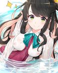  bad_id bad_pixiv_id black_hair blush breasts closed_mouth covered_nipples hair_ribbon highres kantai_collection long_hair looking_at_viewer medium_breasts multicolored_hair naganami_(kantai_collection) nipples partially_submerged pink_hair ribbon school_uniform see-through smile solo sparkle suzuharu_toufu water wet wet_clothes yellow_eyes yellow_ribbon 