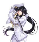  aiguillette bangs belt black_hair blunt_bangs bow breasts buttons female_admiral_(kantai_collection) fighting_stance gloves hair_bow hands_up hat highres holding holding_weapon kantai_collection large_breasts light_smile long_hair long_sleeves looking_at_viewer low_ponytail matsuryuu military military_uniform mole mole_under_mouth naval_uniform pants peaked_cap ponytail purple_eyes simple_background smile solo standing sword uniform very_long_hair wakizashi weapon white_background white_gloves 