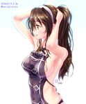  2016 alternate_hairstyle armpits arms_up ashigara_(kantai_collection) breasts brown_eyes brown_hair commentary covered_navel dated eyebrows eyebrows_visible_through_hair gradient gradient_background hair_tie hair_twirling hairband hand_in_hair hoshiyuki_aruru kantai_collection large_breasts long_hair no_bra ponytail sideboob simple_background solo twitter_username 