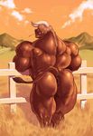  anthro anus bdsm biceps bottomless bovine brown_hair butt cattle clenched_teeth clothed clothing cloud fence field grass hair hay hi_res horn male mammal manly mature_male mezcal mountain muscular muscular_male nature nude outside plant pose sky standing sweat teeth topless tree 