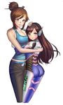  ass bangs beads blue_eyes bodysuit breasts brown_hair casual cleavage collarbone corgi_(corgi0322) cowboy_shot d.va_(overwatch) facial_mark gloves green_eyes hair_bun hair_ornament hair_stick hand_on_another's_head headphones height_difference highres hug large_breasts light_smile lips long_hair looking_at_viewer mei_(overwatch) multiple_girls no_eyewear overwatch parted_lips pilot_suit simple_background skin_tight smile swept_bangs symbol-shaped_pupils tank_top whisker_markings white_background white_gloves 