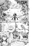  1boy :&lt; ahoge bird blowing_leaves branch bug bunny choker comic commentary dragonfly falling_leaves forest frog glasses greyscale hidefu_kitayan insect lake leaf male_focus monochrome morichika_rinnosuke mountain nature ripples rock smile solo touhou translated twig walking wind |_| 