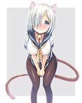 animal_ears bell bent_over blue_eyes breasts brown_legwear bulbonne cat_ears cat_tail choker cleavage closed_mouth collarbone commentary_request eyebrows eyebrows_visible_through_hair grey_background grey_skirt hair_ornament hair_over_one_eye hairclip hamakaze_(kantai_collection) hanging_breasts have_to_pee head_tilt highres jingle_bell kantai_collection kemonomimi_mode large_breasts looking_at_viewer pantyhose pleated_skirt school_uniform serafuku shirt short_sleeves simple_background skirt skirt_tug solo standing sweatdrop tail tareme v_arms wavy_mouth white_shirt 