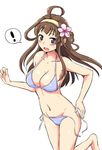  1girl ahoge armpits bare_arms bare_legs bare_shoulders barefoot bikini blush breasts cleavage collarbone flower groin hair_flower hair_ornament headgear kantai_collection kongou_(kantai_collection) large_breasts lavender_bikini leg_up navel open_mouth pink_flower running shigure_ryuunosuke side-tie_bikini simple_background solo spoken_exclamation_mark stomach sweatdrop swimsuit untied untied_bikini wardrobe_malfunction white_background 