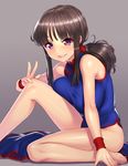  barefoot black_hair blush breasts chi-chi_(dragon_ball) china_dress chinese_clothes dragon_ball dress grin highres large_breasts long_hair looking_at_viewer md5_mismatch pelvic_curtain ponytail purple_eyes side_slit sidelocks sitting smile solo yapo_(croquis_side) 