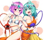  :d alternate_costume armlet bare_shoulders blush breasts choker cleavage collarbone cosplay cowboy_shot dancer dragon_quest dragon_quest_iv eyeball green_eyes green_hair groin headgear heart highres hitotsuki_nebura indian_clothes komeiji_koishi komeiji_satori large_breasts locked_arms looking_at_another looking_down manya manya_(cosplay) minea minea_(cosplay) multiple_girls navel nose_blush open_mouth pelvic_curtain purple_eyes purple_hair revealing_clothes siblings sisters small_breasts smile thighs third_eye touhou 