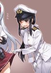  :d bangs black_hair blunt_bangs blush buttons female_admiral_(kantai_collection) female_pervert flying_sweatdrops gloves gradient gradient_background grey_background grey_eyes hair_ribbon hairband hand_on_own_thigh hat highres kantai_collection leaning_forward lifted_by_another long_hair long_sleeves looking_down low_ponytail matsuryuu military military_uniform miniskirt mole mole_under_mouth multiple_girls naughty_face open_mouth outline pants peaked_cap pervert pleated_skirt ponytail red_skirt ribbon ribbon_trim shoukaku_(kantai_collection) sidelocks silver_hair sketch skirt skirt_lift smile solo_focus standing sweatdrop turtleneck uniform white_gloves white_hair yuri 