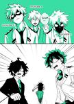  6+boys bakugou_katsuki black_hair boku_no_hero_academia comic fleeing green_background hair_over_one_eye highres loose_necktie male_focus midoriya_izuku multiple_boys multiple_persona necktie no_pupils prototype scared school_uniform silverstar017 spiked_hair u.a._school_uniform yamikumo 