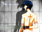  artist_request back back_tattoo between_fingers black_keys blue_eyes blue_hair ciel cross knife nude solo sword tattoo triple_wielding tsukihime wallpaper weapon 