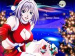  bag bare_shoulders blue_eyes breasts christmas christmas_tree cleavage elbow_gloves female gloves happy hat large_breasts looking_at_viewer midriff moon natsume_maya nature navel night open_mouth outdoors purple_hair santa_costume santa_hat short_hair sitting skirt sky smile solo tenjou_tenge wallpaper 