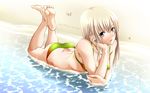  aizawa_kotarou barefoot beach bikini copyright_request day feet hands highres outdoors solo swimsuit wallpaper water 