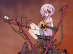  ayanami_rei bandages blue_hair cat chain eyepatch flcl guitar instrument kuma_jet neon_genesis_evangelion parody red_eyes ruins short_hair sitting skirt socks solo takkun_(flcl) vector_trace wallpaper 