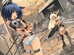  aiming aiming_at_viewer animal_ears ass back blonde_hair blue_eyes blue_hair blue_panties cat_ears city dark_skin day dutch_angle gun handgun highres holding holding_gun holding_weapon looking_back multiple_girls original outdoors panties pistol ruins shihira_tatsuya striped striped_panties underwear wallpaper weapon white_panties 