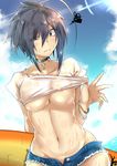  ahoge asymmetrical_eyebrows black_eyes black_hair blush bracelet breasts choker collarbone commentary_request cowboy_shot cross groin highres jewelry large_breasts lifted_by_self navel no_bra ocean original saintshiro see-through see-through_silhouette shirt shirt_lift short_hair short_shorts short_sleeves shorts solo squiggle sunlight surfboard sweat unbuttoned underboob uneven_eyes wet wet_clothes white_shirt 