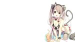  animal animal_ears black_eyes bra cat catgirl choker drink fang gray_hair headdress long_hair original panties peragura photoshop ribbons tail thighhighs twintails underwear white 