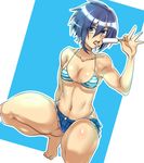  bare_legs bare_shoulders barefoot bikini bikini_top bikini_under_clothes blue_eyes blue_hair blush breasts cleavage collarbone commentary_request cutoffs denim denim_shorts eating food groin highres looking_at_viewer medium_breasts navel original popsicle raised_eyebrow saintshiro shiny shiny_skin short_hair short_shorts shorts solo squatting striped striped_bikini swimsuit swimsuit_under_clothes tongue tongue_out underboob 