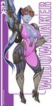  bodysuit breasts cleavage full_body gun head_mounted_display large_breasts looking_at_viewer overwatch pink_bodysuit purple_skin skin_tight solo visor weapon widowmaker_(overwatch) x-teal2 