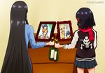  alcohol artist_name beard champagne chest_of_drawers child facial_hair father's_day father_and_daughter h0saki jacket kill_la_kill kiryuuin_satsuki kiryuuin_souichirou long_sleeves matoi_ryuuko mouse multiple_girls orange_hair photo_(object) picture_frame scarf skirt spoilers sukajan toast_(gesture) yellow_background 