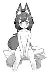  1girl ahoge animal_ears breasts collarbone female monochrome navel nezumi_inu nipples pussy simple_background sitting solo tail 