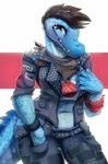  2016 anthro ascot belt black_eyes black_hair blue_scales clothed clothing crocodile crocodilian crop_top female fivel hair hi_res jacket navel pants red_background reptile scales scalie scampi sharp_teeth shirt simple_background smile solo spikes teeth white_background 