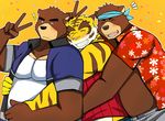  2016 abs anthro bear bearlovestiger13 biceps birthday blue_eyes blush brothers brown_fur chest_tuft clothed clothing duo eyes_closed feline fur hug juuichi_mikazuki kenji_mikazuki love male male/male mammal morenatsu muscular pecs pink_nose shorts sibling tiger torahiko_(morenatsu) tuft twins white_fur 