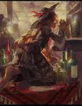  barefoot black_skirt blonde_hair blurry bottle closed_eyes depth_of_field dolls_in_pseudo_paradise feathers from_side hat hat_feather highres indoors jacket_girl_(dipp) letterboxed long_hair long_sleeves nazoko profile red_eyes shelf silhouette skirt skirt_set solo_focus tassel touhou wide_sleeves 