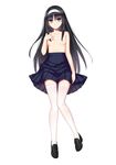  allenes black_hair blue_eyes blush breasts full_body hairband highres loafers long_hair looking_at_viewer nipples pleated_skirt school_uniform shoes simple_background skirt small_breasts solo thighhighs toono_akiha topless tsukihime white_background white_hairband white_legwear 