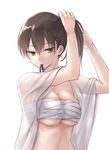  adjusting_hair breasts brown_hair bunching_hair cleavage fukuroumori kaga_(kantai_collection) kantai_collection large_breasts lips looking_at_viewer mouth_hold open_clothes open_shirt ribbon ribbon_in_mouth sarashi see-through shiny shiny_skin shirt short_hair simple_background solo stomach tying_hair upper_body white_background white_shirt yellow_eyes 