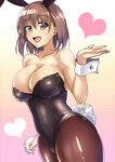  :d animal_ears bare_shoulders black_legwear blush breasts brown_eyes brown_hair bunny_ears bunny_girl bunny_tail bunnysuit cleavage collarbone commentary_request covered_navel cowboy_shot fake_animal_ears heart heart_background highres large_breasts leotard looking_at_viewer open_mouth original pantyhose saintshiro sleeveless smile solo tail wrist_cuffs 