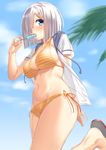  arm_behind_back bikini blue_eyes blue_sky blush breasts cloud collarbone day eating food groin hair_ornament hair_over_one_eye hairclip halter_top halterneck hamakaze_(kantai_collection) highres kantai_collection large_breasts leg_up mikazuchi_zeus navel open_clothes open_shirt orange_bikini outdoors palm_tree popsicle red_ribbon ribbon sandals shirt short_hair short_sleeves silver_hair sketch sky solo standing standing_on_one_leg striped striped_bikini swimsuit tree white_shirt work_in_progress 