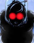 batman_(series) beads blue_background breasts fur_trim glowing glowing_eyes grin hair_ornament hair_stick highres large_breasts md5_mismatch mei_(overwatch) mr._freeze overwatch parody randomboobguy red_eyes shadow smile snowflakes solo 