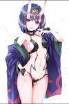  :d ass_visible_through_thighs breasts eyebrows_visible_through_hair fate/grand_order fate_(series) hand_on_hip highres horns japanese_clothes kimono letterboxed looking_at_viewer navel oni oni_horns open_mouth petals purple_eyes purple_hair ripe.c short_eyebrows short_hair shuten_douji_(fate/grand_order) small_breasts smile solo thigh_gap 