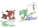  :d ^_^ arm_up bat_wings blush_stickers bow chibi child_drawing closed_eyes crayon daiyousei detached_sleeves detached_wings fairy_wings frog_hair_ornament full_body green_hair hair_bow hair_ornament happy head_wings koakuma kochiya_sanae leg_up lying multiple_girls necktie no_shoes on_stomach open_mouth peconica pointing puffy_short_sleeves puffy_sleeves red_eyes red_hair red_neckwear short_sleeves side_ponytail simple_background skirt skirt_set smile snake_hair_ornament socks standing torii touhou vest white_background wide_sleeves wings younger 