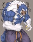 2016 abs angry anthro biceps big_muscles black_nose blue_fur bright_eyes canine claws clothed clothing darkstalkers digital_media_(artwork) fangs fist fur grey_background growth hi_res huge_muscles human japanese_text jon_talbain male mammal multicolored_fur muscle_growth muscular neck_tuft open_mouth pants pecs red_eyes saliva shadowjohkid sharp_teeth simple_background solo standing sweat tail_growth teeth text topless torn_clothing transformation tuft two_tone_fur vein video_games were werewolf white_fur yellow_claws 