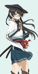  alternate_costume black_hair blue_eyes glasses hat highres japanese_clothes jingasa kantai_collection katana kisetsu long_hair ooyodo_(kantai_collection) samurai sheath sheathed skirt solo sword weapon 