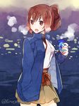  brown_eyes brown_hair can canned_coffee cowboy_shot drink hakama_skirt hand_in_pocket holding ise_(kantai_collection) jacket kantai_collection karomura looking_back open_mouth ponytail sketch solo steam twitter_username water 