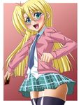  black_legwear blonde_hair blue_eyes blush card freckles glasses hajime_shindo long_hair necktie open_mouth rebecca_hopkins school_uniform skirt smile solo thighhighs yuu-gi-ou yuu-gi-ou_duel_monsters zettai_ryouiki 