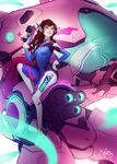  bodysuit d.va_(overwatch) facial_mark gun hand_on_hip handgun lisa_buijteweg mecha meka_(overwatch) overwatch pilot_suit sitting smile solo weapon whisker_markings 