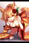  all_fours animal_ears bare_shoulders blonde_hair breasts cleavage collarbone eyebrows eyebrows_visible_through_hair floral_print flower fox_ears fox_shadow_puppet fox_tail hair_between_eyes hair_flower hair_ornament hair_stick japanese_clothes kimono letterboxed long_sleeves looking_at_viewer medium_breasts nakaichi_(ridil) no_bra off_shoulder open_mouth original red_eyes sidelocks solo tail wide_sleeves yuujo 