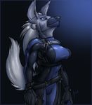  anthro canine clothing ear_piercing female fox hybrid krinkels mammal piercing simple_background solo standing tight_clothing wolf 