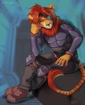  anthro clothed clothing feline kaitycuddle lion looking_at_viewer male mammal sitting smile solo striped_tail stripes 