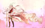  armor barefoot commentary_request copyright_name dragon_horns dress female_my_unit_(fire_emblem_if) fire_emblem fire_emblem_if frilled_dress frilled_skirt frills full_body hairband horns kero_sweet long_hair my_unit_(fire_emblem_if) panties petals pink_dress pink_hair pointy_ears red_eyes skirt solo sword toeless_legwear underwear very_long_hair weapon wind 