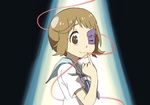  bad_end brown_eyes brown_hair emuchi eyepatch harime_nui kill_la_kill life_fiber looking_at_viewer mankanshoku_mako pinky_out red_string smile solo spoilers string 