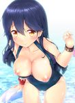  blue_hair blush bracelet breasts breasts_outside brown_eyes chiyami commentary_request highres jewelry kantai_collection large_breasts leaning_forward long_hair looking_at_viewer nipples one-piece_swimsuit smile solo swimsuit top_pull ushio_(kantai_collection) wristband 