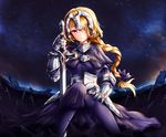  armor blonde_hair braid cape chain fate/apocrypha fate_(series) field_of_blades headpiece highres jeanne_d'arc_(fate) jeanne_d'arc_(fate)_(all) long_hair planted_sword planted_weapon purple_eyes single_braid solo star_(sky) sword tearing_up very_long_hair weapon wsman 