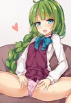  :d ahoge blue_eyes blush braid breasts green_hair heart kantai_collection long_hair mole mole_under_mouth open_mouth panties pink_panties pussy pussy_juice single_braid small_breasts smile solo spread_legs spread_pussy spread_pussy_under_clothes unacchi_(nyusankin) underwear yuugumo_(kantai_collection) 